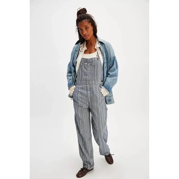 Wrangler Striped Straight Leg Overalls Blue White Classic Workwear Style Medium - Picture 1 of 16